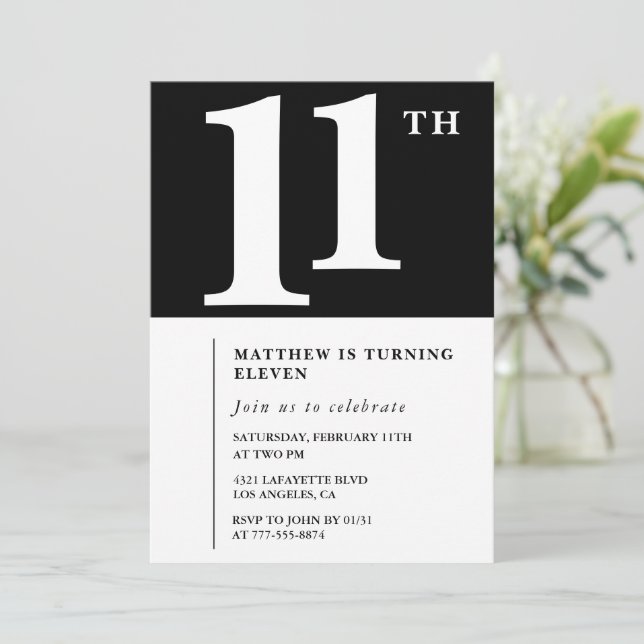 Svart och vit 11-års födelsedagsinbjudan Chic Inbjudningar (Stående Fram)