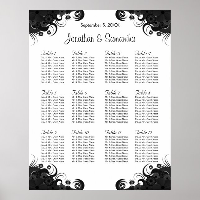 Svart och vit 12 Bröllop Bord-sittkartor Poster (Framsidan)