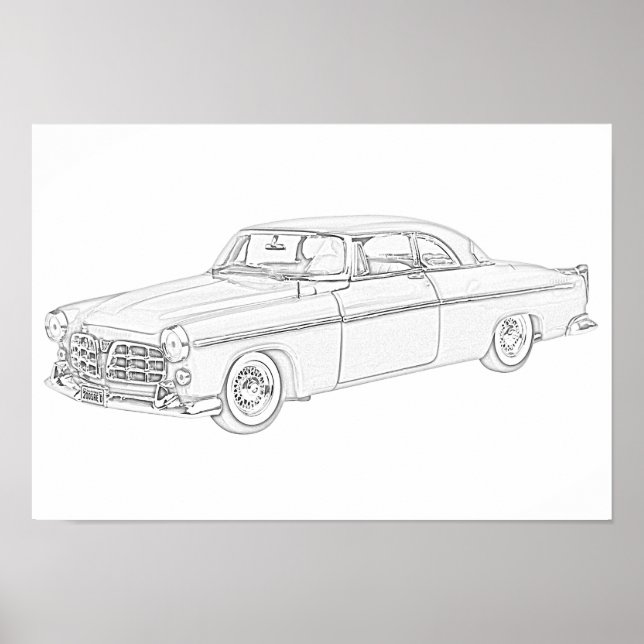 Svart och vit 1955 Chrysler 300 Pencil Teckning Poster (Framsidan)