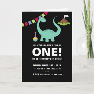 Svart och vit 1-års födelsedagsfest med dinosaurie inbjudan