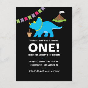 Svart och vit 1-års födelsedagsfest med dinosaurie inbjudan vykort