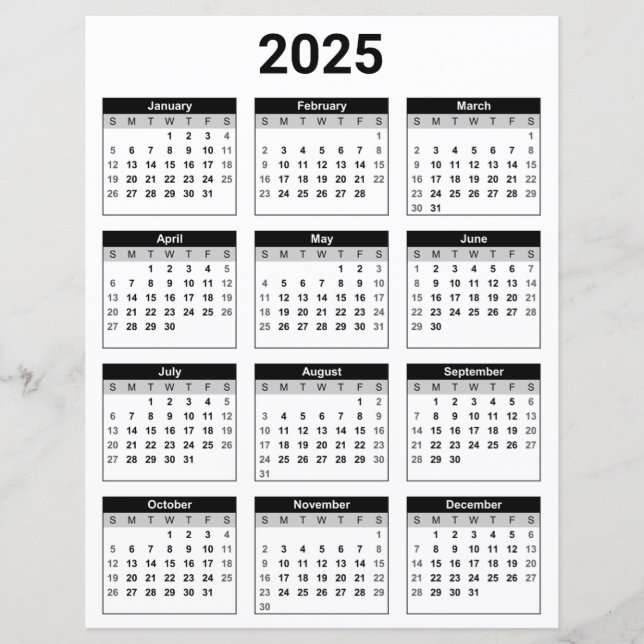 Svart och vit 2025 Årlig kalenderpappersark (Framsida)