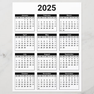 Svart och vit 2025 Årlig kalenderpappersark