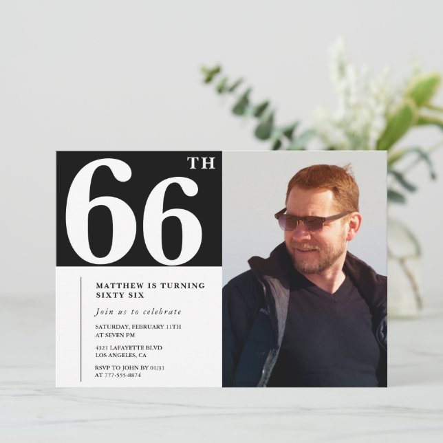 Svart och vit 66-års födelsedagsinbjudan Foto Inbjudningar (Stående Fram)