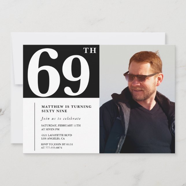 Svart och vit 69-års födelsedagsinbjudan  inbjudningar (Framsida)