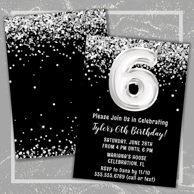 Svart och vit 6-års födelsedagsfest inbjudningar (Skapare uppladdad)