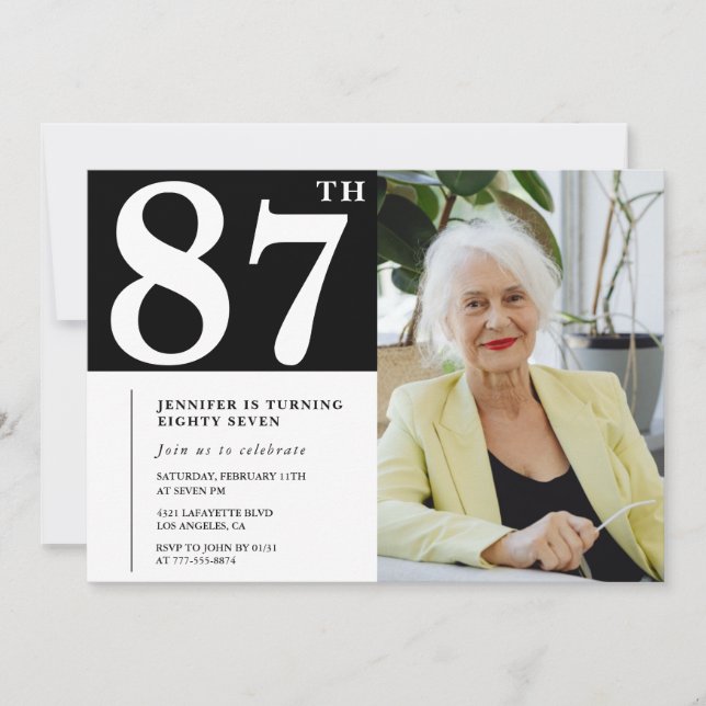 Svart och vit 87-års födelsedagsinbjudan Foto Inbjudningar (Framsida)
