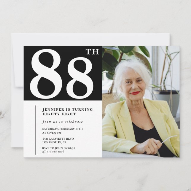 Svart och vit 88-års födelsedagsinbjudan Foto Inbjudningar (Framsida)