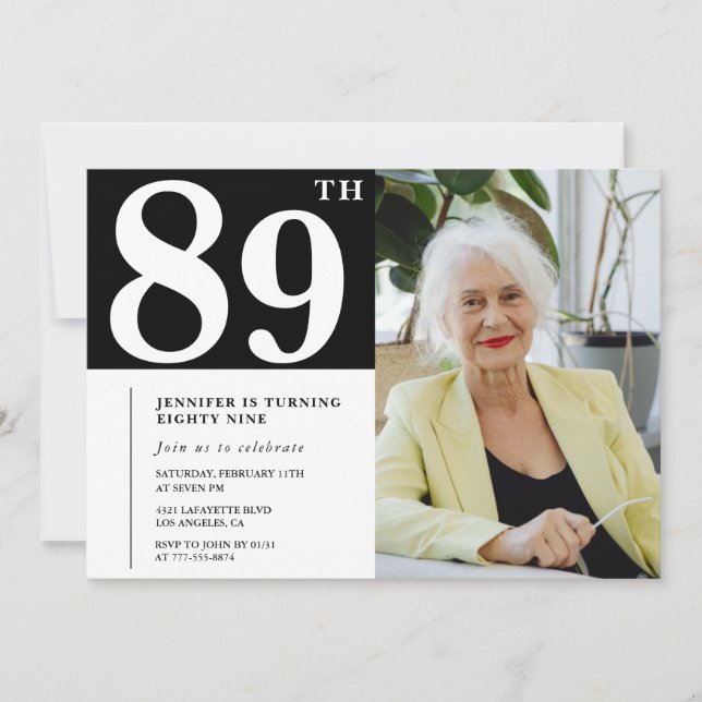 Svart och vit 89-års inbjudan Foto (Framsida)