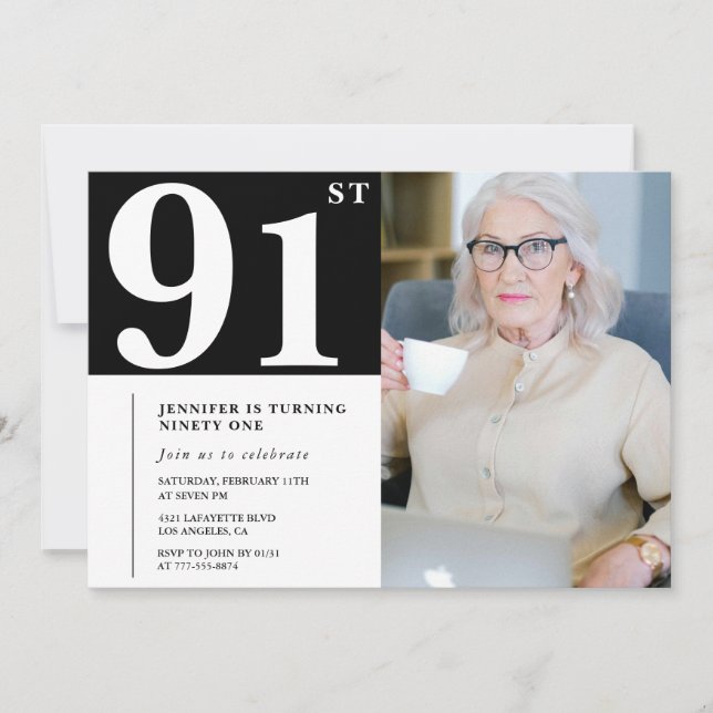 Svart och vit 91-års födelsedagsinbjudan Foto Inbjudningar (Framsida)