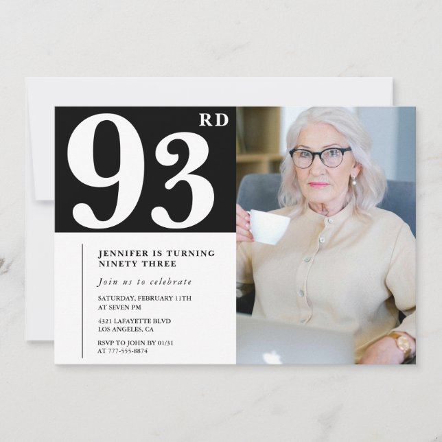 Svart och vit 93-års födelsedagsinbjudan Foto Inbjudningar (Framsida)