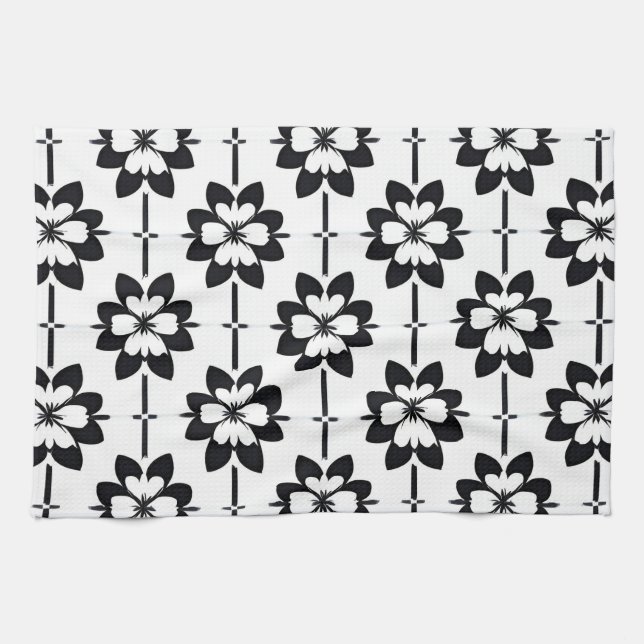 Svart och vit abstrakt blommig mönster kökshandduk (Horisontell)