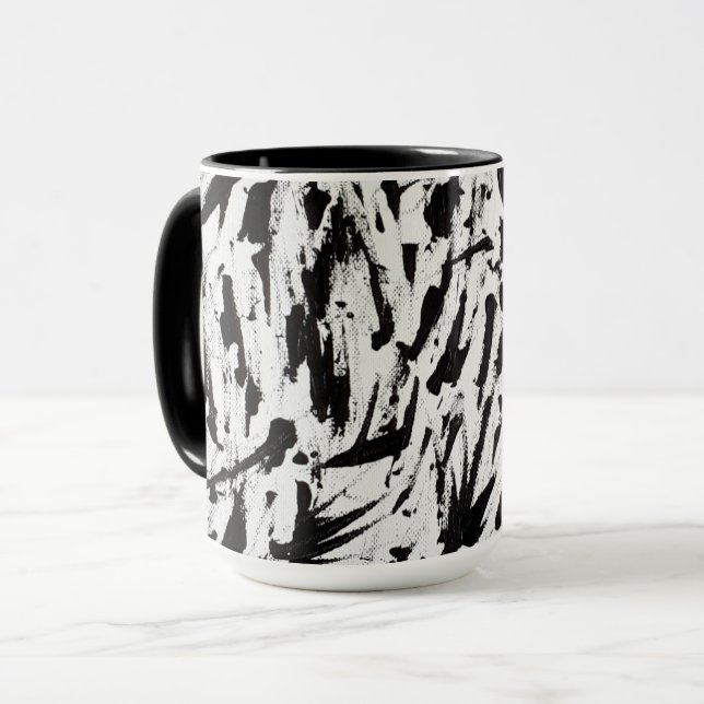 Svart och vit Abstrakt Brushstrokes Art Mugg (Framsida vänster)