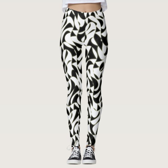 Svart och vit abstrakt fraktalmönster leggings (Framsida)