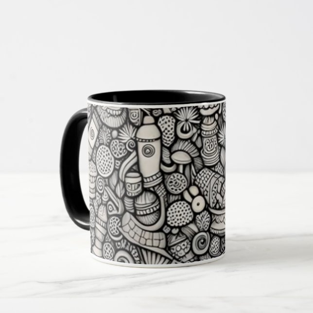 Svart och vit abstrakt klotterkonst kaffemugg | M (Framsida vänster)