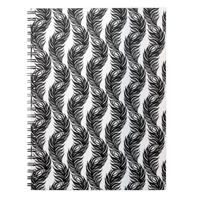 Svart och vit abstrakt Peacock Fjäther mönster Anteckningsbok Med Spiral (Framsidan)