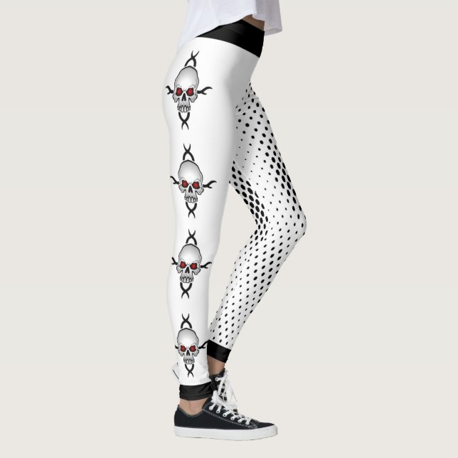 Svart och vit abstrakt prickig dödskalle-design leggings (Höger)