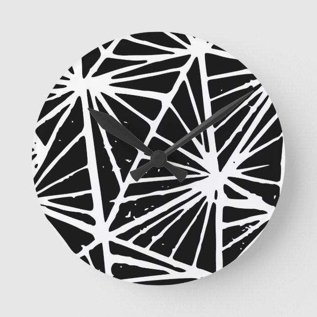 Svart och vit Abstrakt Triangles Lino cut Rund Klocka (Framsida)
