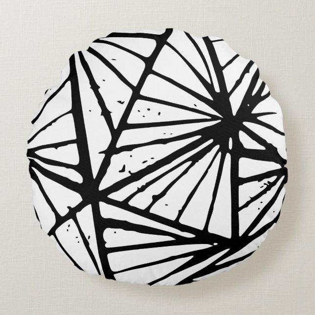 Svart och vit Abstrakt Triangles Lino cut Rund Kudde (Framsidan)