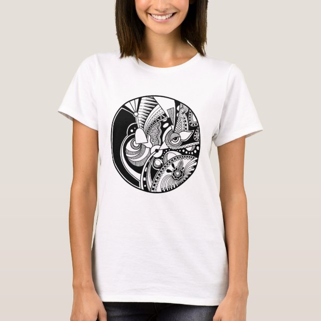 Svart och vit Abstrakt Zendala på cirkel Tee Shirt (Framsida)