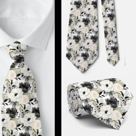 Svart och vit akvarell blomsterformell slips