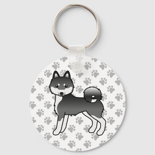 Svart Och Vit Alaskan Klee Kai Söt Hund & Tassar Nyckelring (Framsida)