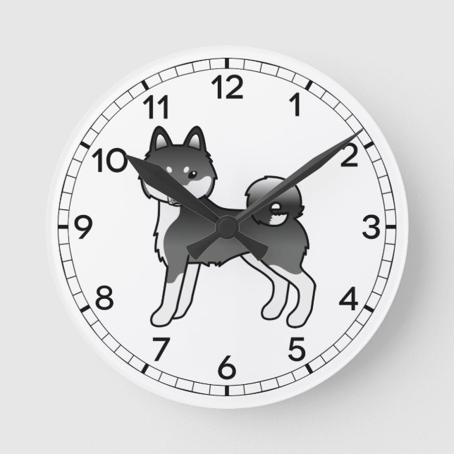 Svart Och Vit Alaskan Klee Kai Tecknad Hund Rund Klocka (Framsida)
