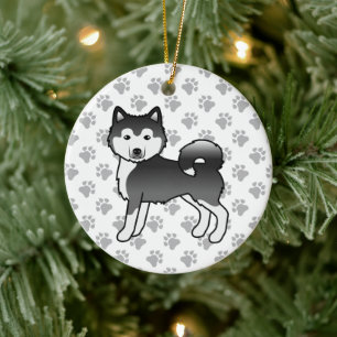 Svart Och Vit Alaskan Malamute Söt Tecknad Hund Julgransprydnad Keramik