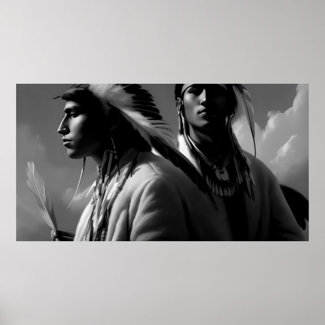 Svart och vit amerikansk indiansk 2 män Monokrom Poster (Framsidan)