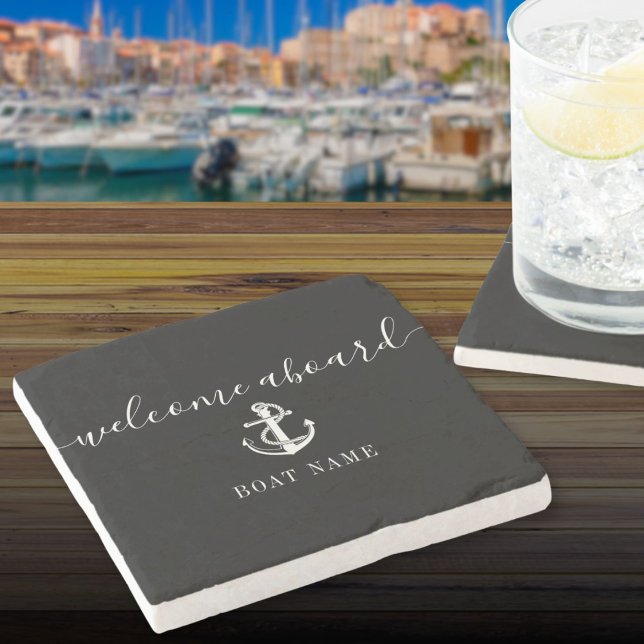 Svart och vit ankarbåtsnamn Välkommen ombord Stenunderlägg (Black And White Anchor Boat Name Welcome Aboard Stone Coaster)