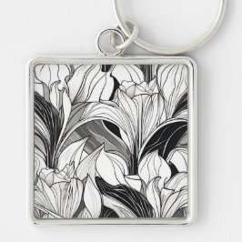 Svart och vit Art Deco blommig nyckelring