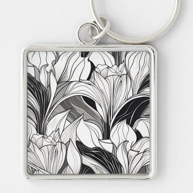 Svart och vit Art Deco blommig nyckelring (Framsidan)