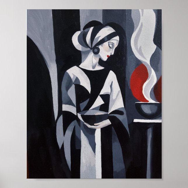 Svart och vit Art Deco kvinna väggkonst (Framsidan)