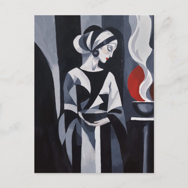 Svart och vit Art Deco kvinna väggkonst Vykort (Framsida)
