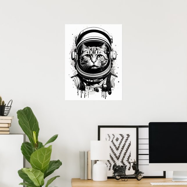 Svart och vit astronautkatt poster (Hemmakontoret)
