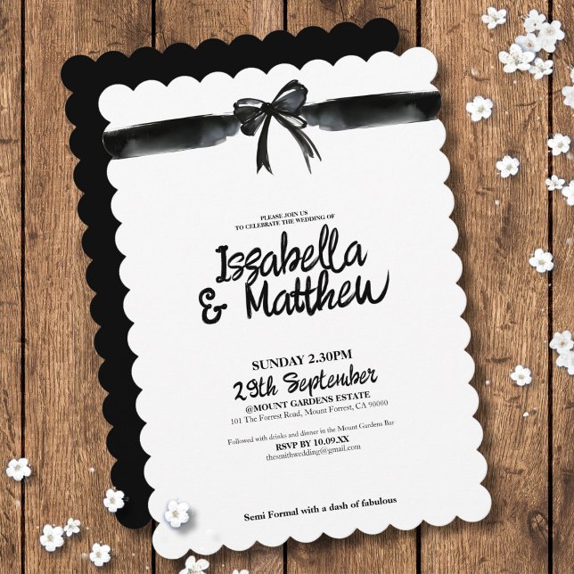 Svart och Vit Båge Akvarell Minimalistisk Bröllop Inbjudningar (Watercolor elegant black bow wedding invitation for modern contemporary simple wedding theme)