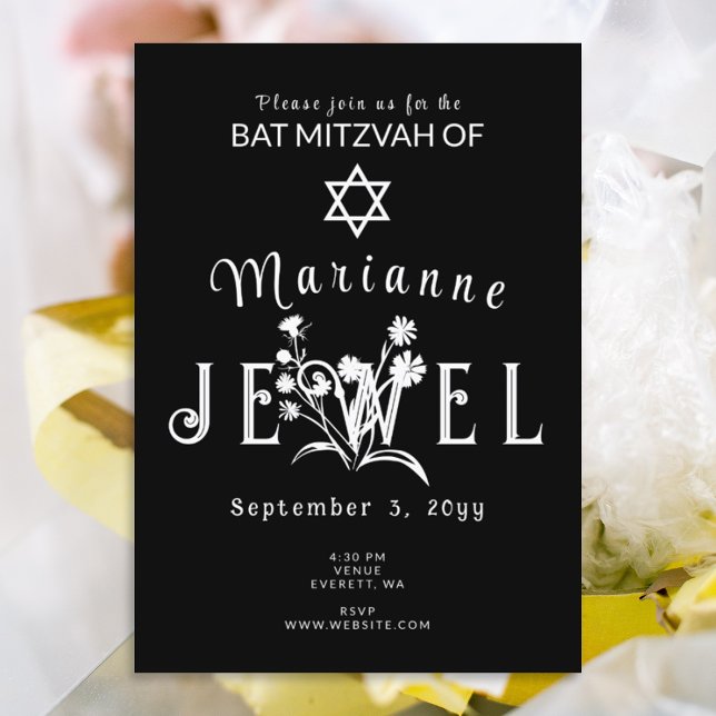Svart och vit Bat Mitzvah Inbjudningar (stylish black and white bat mitzvah invitations with unique floral lettering)