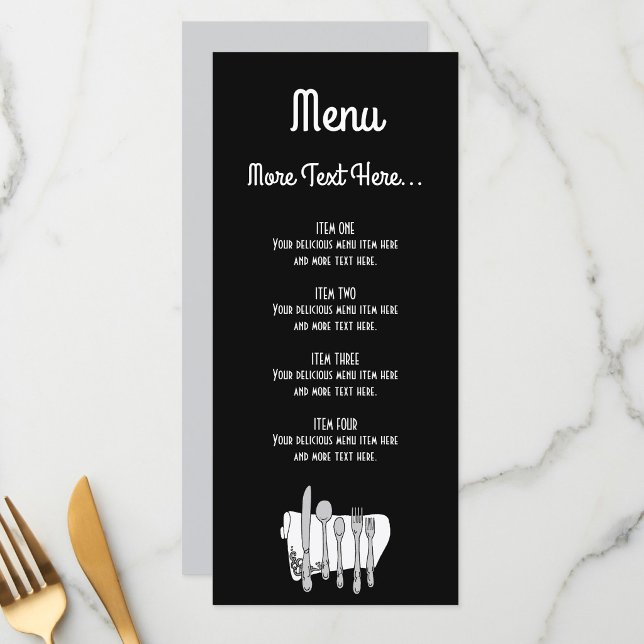 Svart och vit bestick Redigerbar design 4" x 9" Meny (Black and White Silverware Editable Design 4" x 9" Menu)