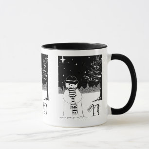 Svart och vit bild av söt snögubbe-jul mugg
