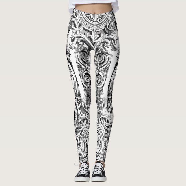 Svart och vit blomma leggings (Framsida)