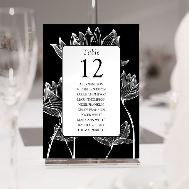Svart Och Vit Blommig Bordnummer Sittplatskarta (Black And White Floral Table Number Seating Chart)