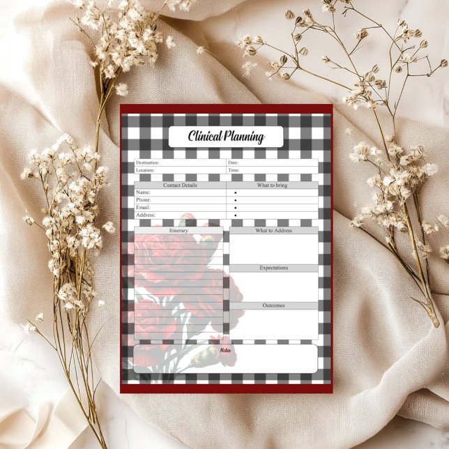 Svart och vit blommig Gingham _ Klinisk planering Anteckningsblock (Skapare uppladdad)