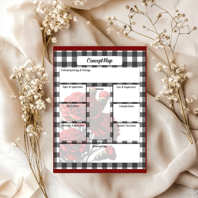 Svart och vit blommig Gingham_ Konceptkarta Anteckningsblock (Skapare uppladdad)