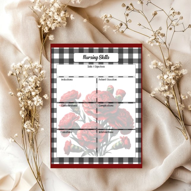 Svart och vit blommig Gingham_ Omvårdnadsfärdighet Anteckningsblock (Skapare uppladdad)