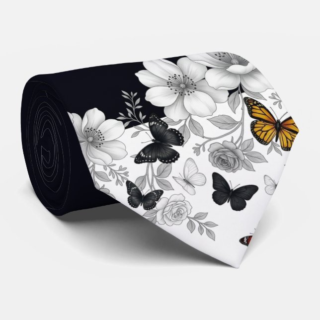 Svart och vit blommig med fjärilar  slips (Rullad)