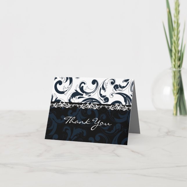 Svart och vit blommig Tack-kort Tack Kort (Framsida)