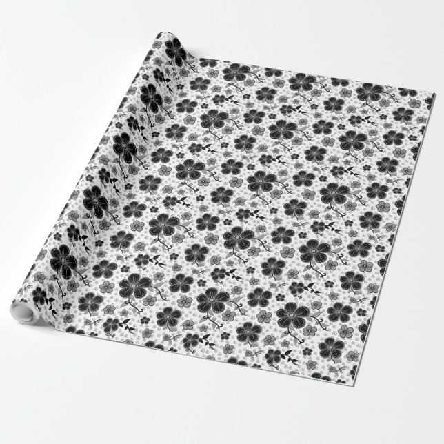 Svart och vit blommig tryck presentpapper (Utrullad)