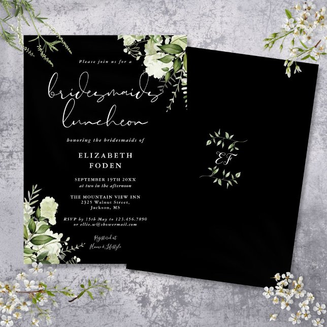 Svart och vit Blommigt Bridesmaids Luncheon Inbjudningar (Black And White Floral Bridesmaids Luncheon Invitation)