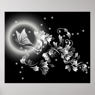 Svart och vit Blommigt Butterfly Fantasy Poster