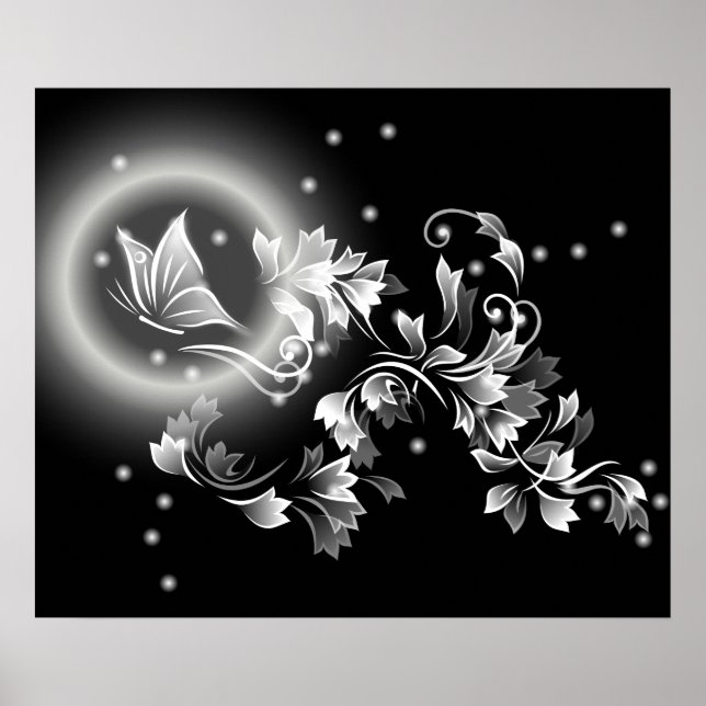 Svart och vit Blommigt Butterfly Fantasy Poster (Framsidan)